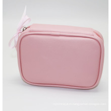 Cute Pink Korean Saffiano PU Leather Cosmetic Pouch With Ribbon Bowknot Girls Makeup Cosmetic Case Bag